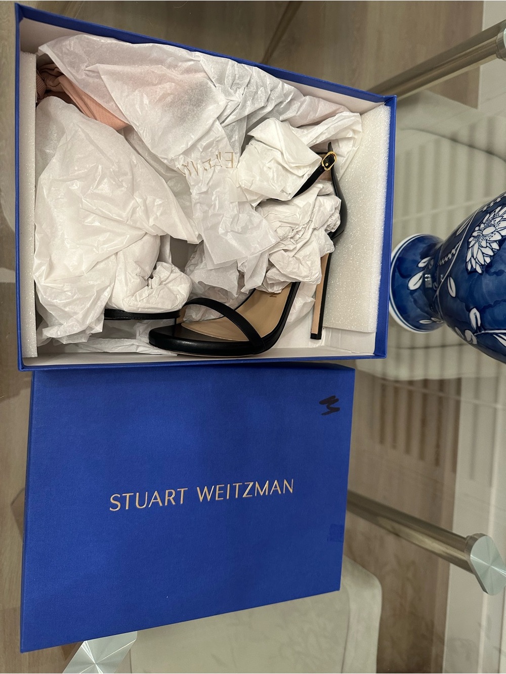 Stuart Weitzman Nudist Sandals - Black Smooth Calf - 37.5 / 7B - Like New - Picture 2 of 10